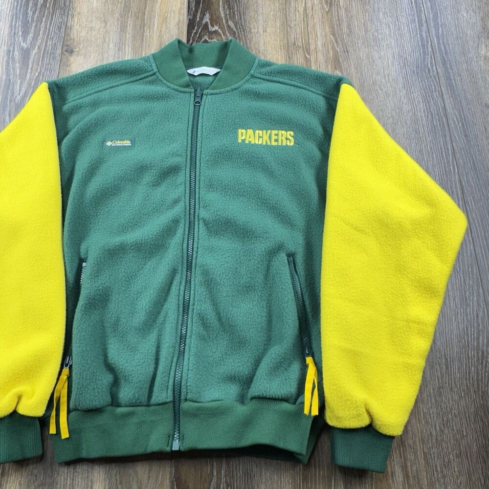 Vintage Green Bay Packers Jacket Mens M Green Yellow Columbia Fleece Zip Up NFL